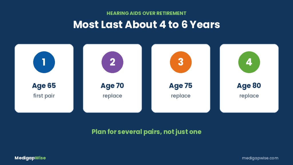 Hearing aids last about 4 to 6 years, so most retirees replace them at about ages 65, 70, 75 and 80
